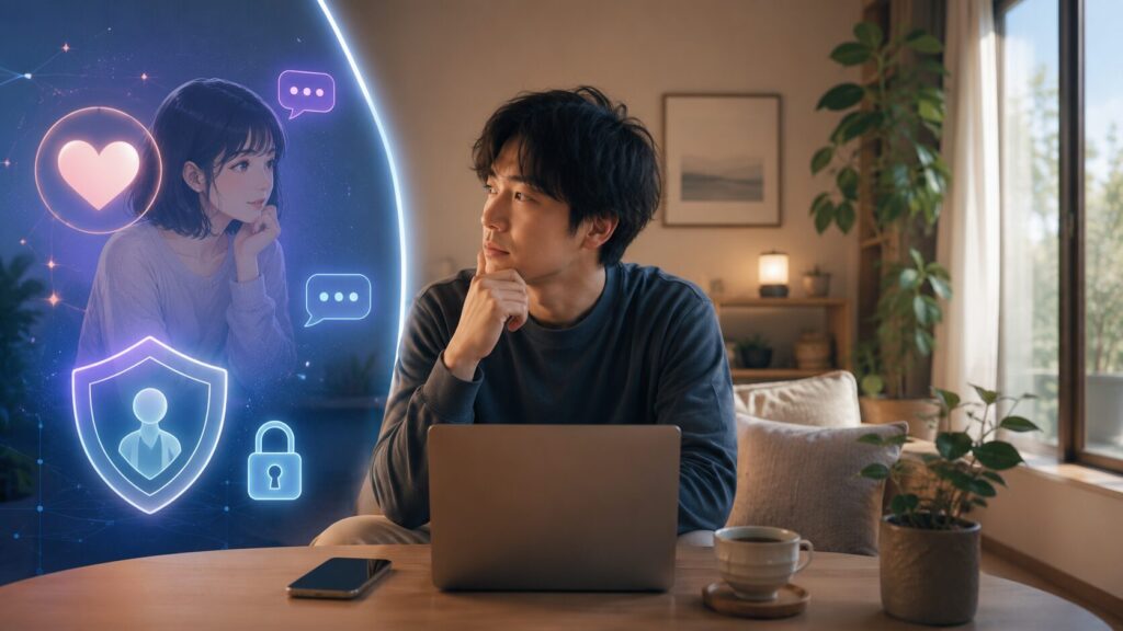ChatGPTの恋人設定を安全に楽しむため、個人情報保護や依存リスクを考える男性のイメージ