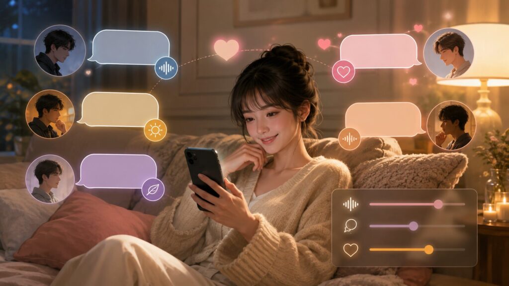 スマホでAI恋人との会話を楽しみながら、呼び方や口調を調整する日本人女性のイメージ