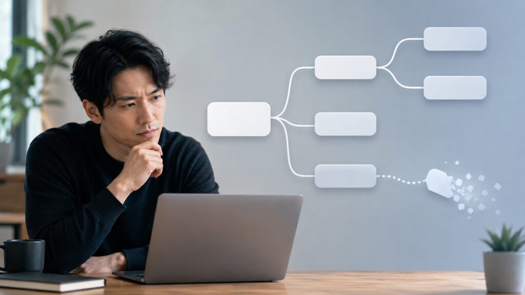 ChatGPTで分岐できない原因を考える日本人男性と壊れた会話ツリーのイメージ