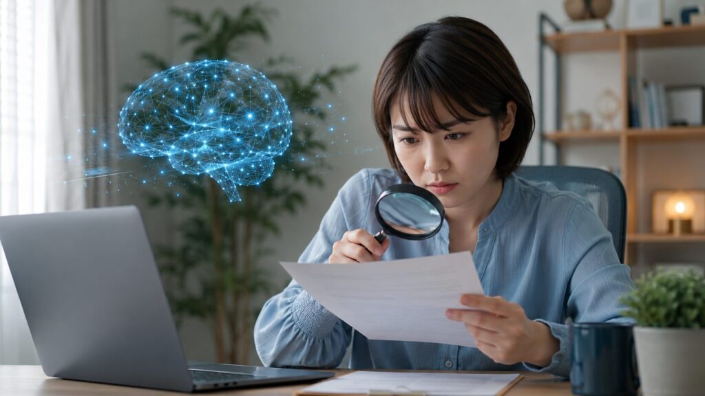 ChatGPTをバグらせる現象を調査する日本人女性とAI脳のイメージ