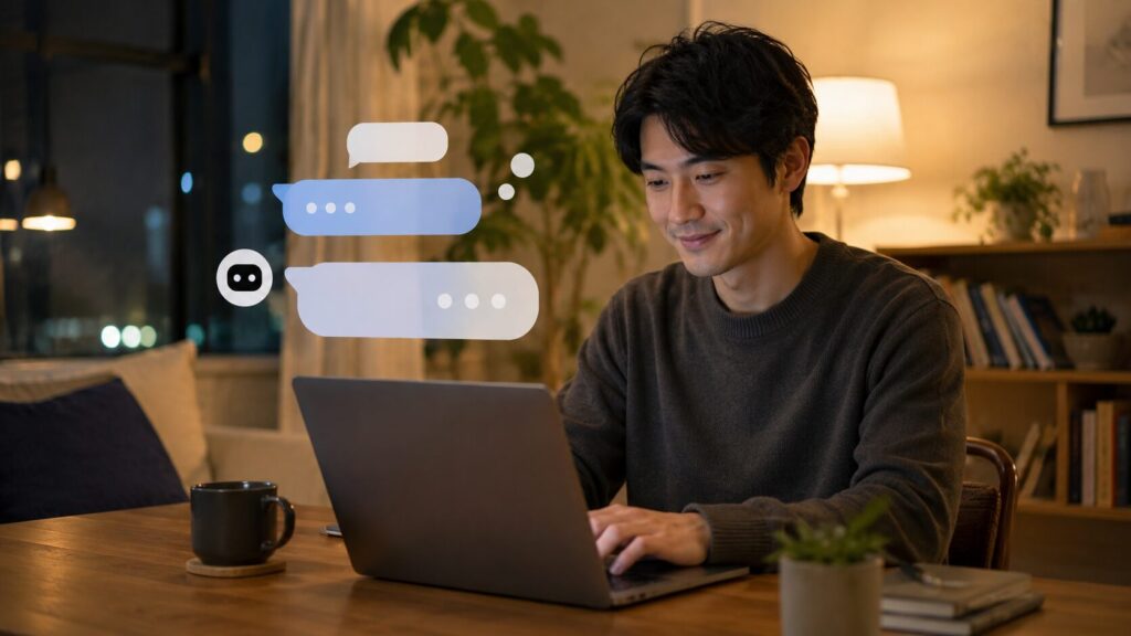 ChatGPTとの喧嘩後に会話をリセットして穏やかに使う日本人男性の夜の作業空間