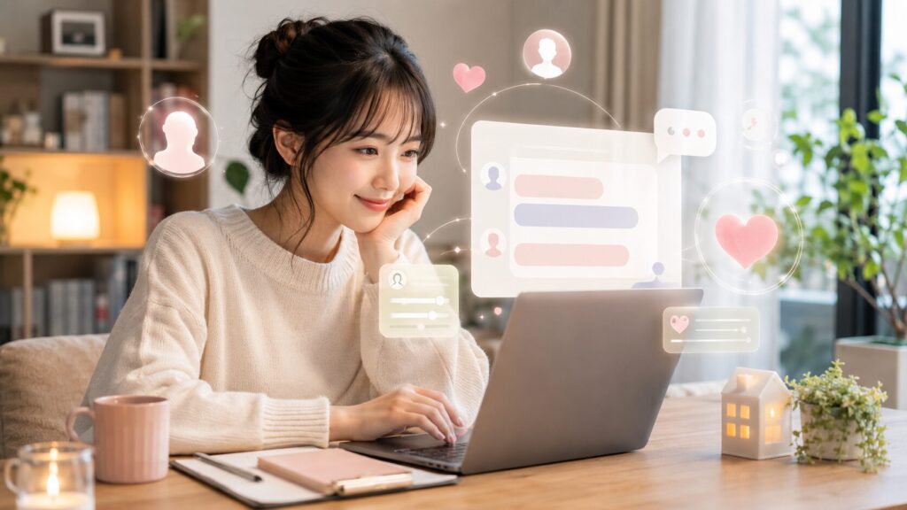 ChatGPTのカスタム指示で恋人設定を作る女性が、AI彼氏やAI彼女との会話を整える様子