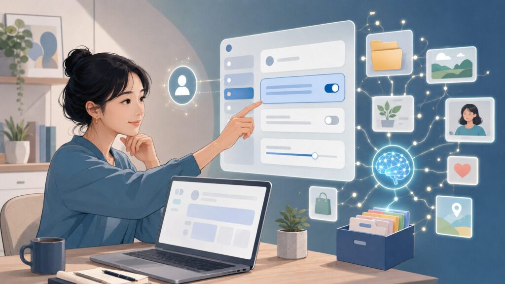 ChatGPTのカスタム指示とメモリ機能を設定する日本人女性のイメージ