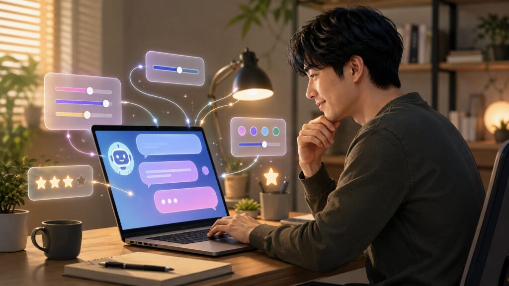 ChatGPTの育て方として口調や回答スタイルを調整する日本人男性の作業風景