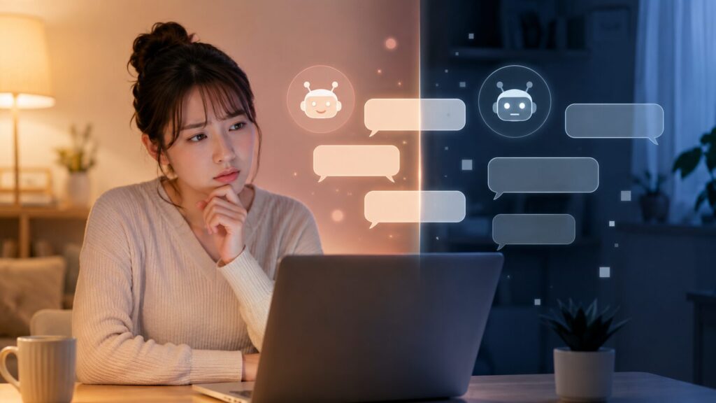 ChatGPTが急によそよそしいと感じて不安になる日本人女性と冷たいチャット画面のイメージ