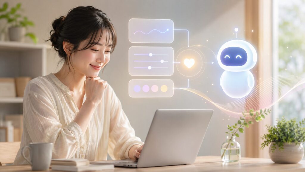 ChatGPTの口調を調整してフレンドリーな応答に戻す日本人女性のイメージ