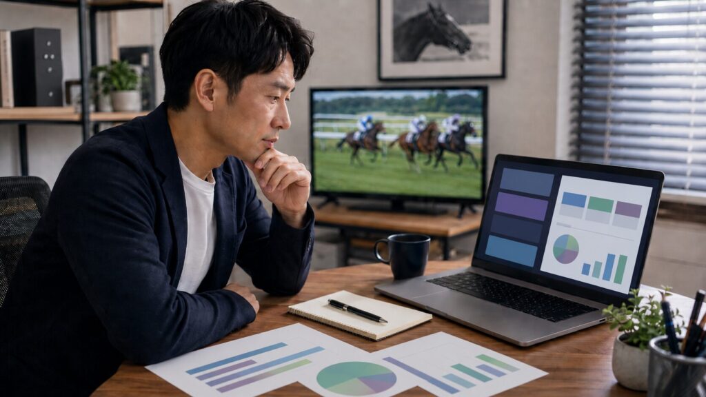 ChatGPTの競馬予想プロンプトを使い、レース情報や分析データを確認する日本人男性