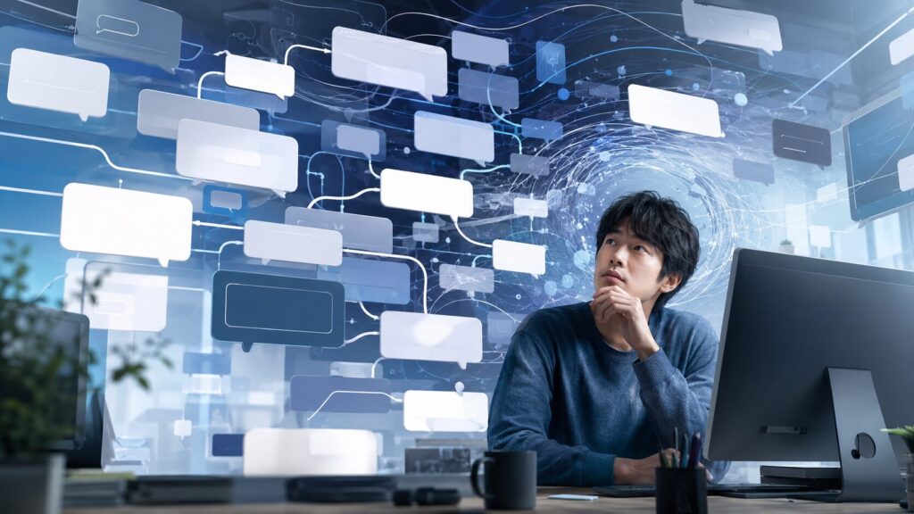 長い会話で文脈が乱れたChatGPTのチャット履歴を見直す日本人男性のイメージ