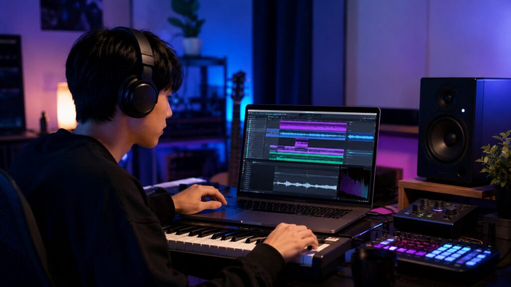DAWでChatGPT作曲のメロディを音源化する音楽制作風景