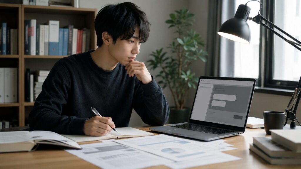 ChatGPTで論文作成を進める日本人学生が資料を確認しながら構成を考える様子
