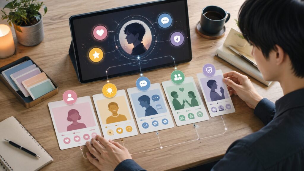 ChatGPTの恋人プロンプトを人物設定や話し方ごとに整理して設計するデスク上のイメージ