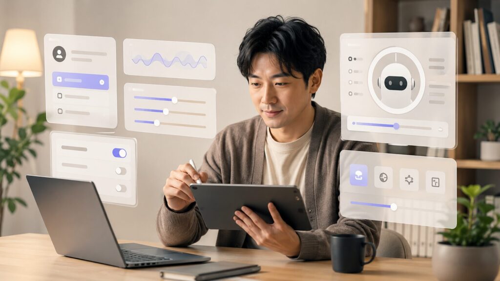 ChatGPTのパーソナライズや性格設定を確認する日本人男性のイメージ