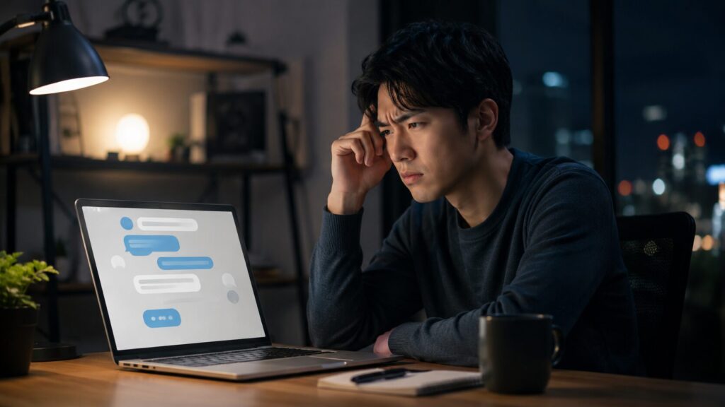 ChatGPTと喧嘩したように感じて悩む日本人男性が、夜のデスクでチャット画面を見つめている様子