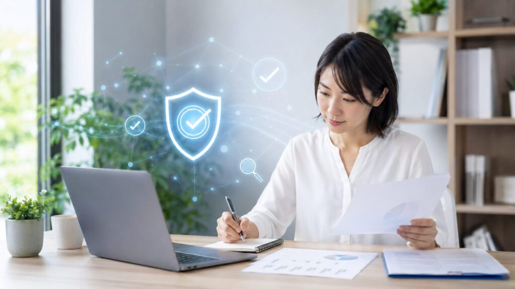 ChatGPTの回答を安全に確認する日本人女性とセキュリティのイメージ