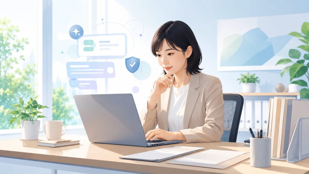 ChatGPTを仕事で安全に活用する日本人女性のオフィス風景