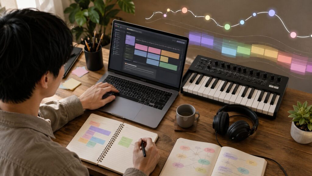 ChatGPT作曲で歌詞やコード進行を整理するデスク作業