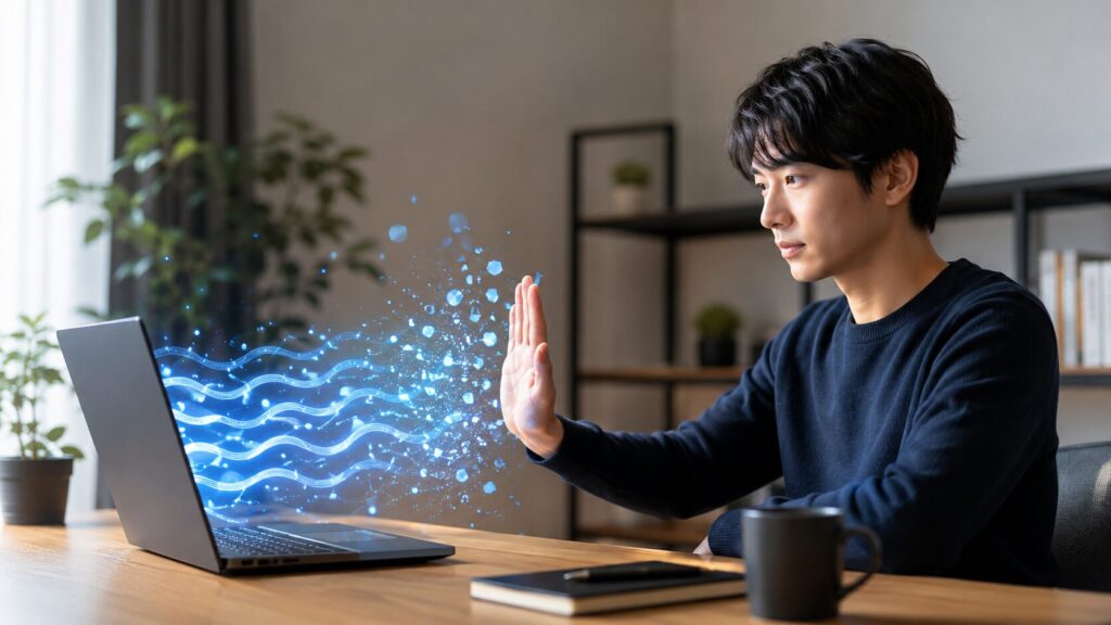 ChatGPTの反復出力を落ち着いて止める日本人男性の作業風景