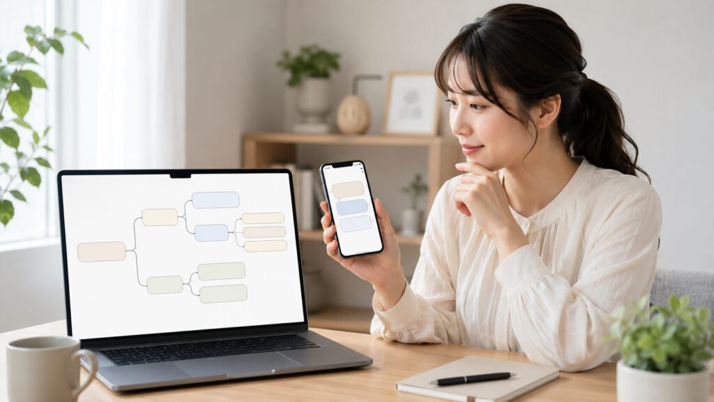 ChatGPTのWeb版とアプリ版で分岐機能の違いを確認する日本人女性