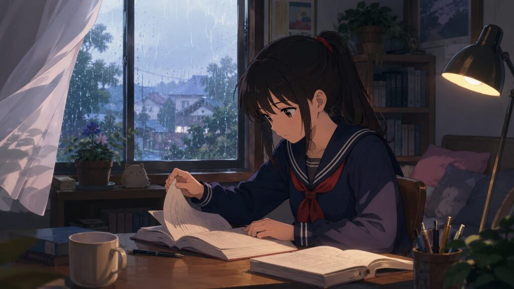 雨の日に机で勉強する日本人少女を描いたアニメ風Grok動画プロンプト例