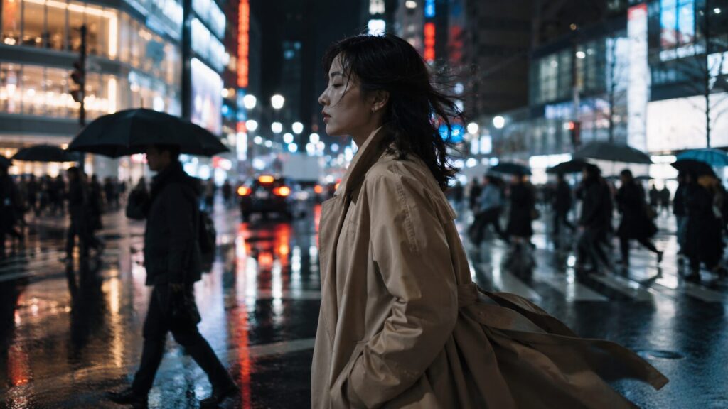雨の東京を歩く日本人女性を横追従ショットで表現したGrok動画プロンプト例