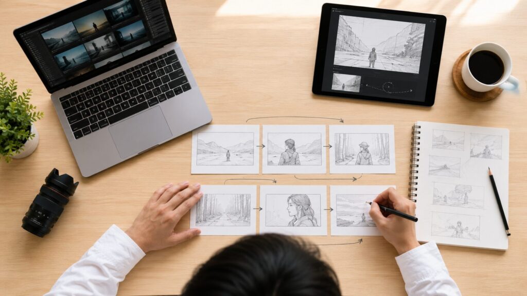 Grok動画プロンプトの動きやカメラワークを設計するストーリーボード作成風景