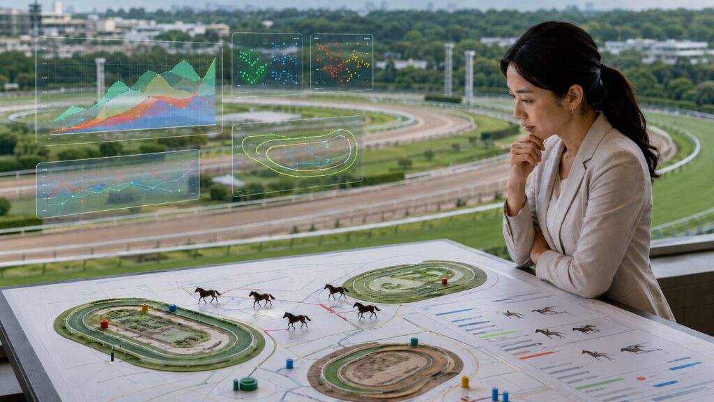 競馬場のコース特性や馬場傾向をデータで分析する日本人女性