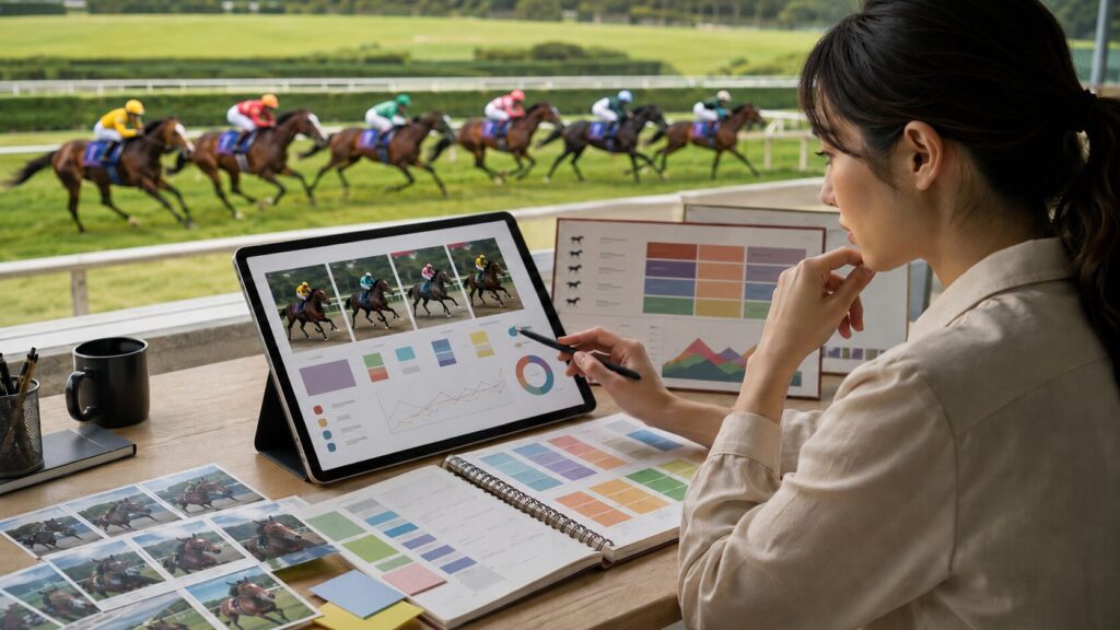 出走馬の写真や分析チャートを見ながら競馬予想データを比較する日本人女性
