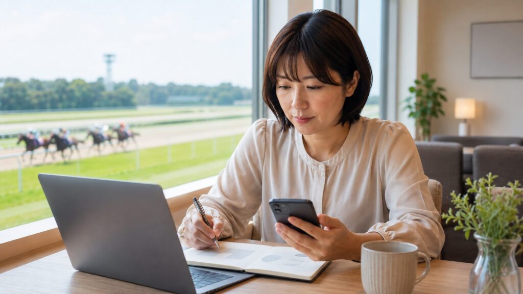 ノートとスマホで競馬情報を確認しながらChatGPT予想を慎重に見直す日本人女性