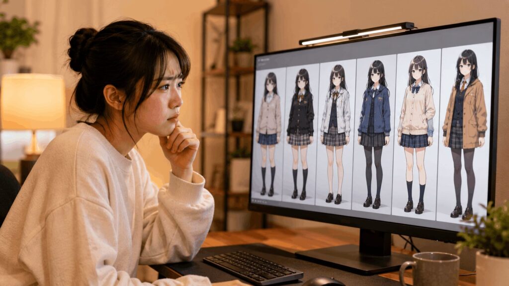 Stable Diffusionで生成した服装違いのキャラクターを確認する日本人女性