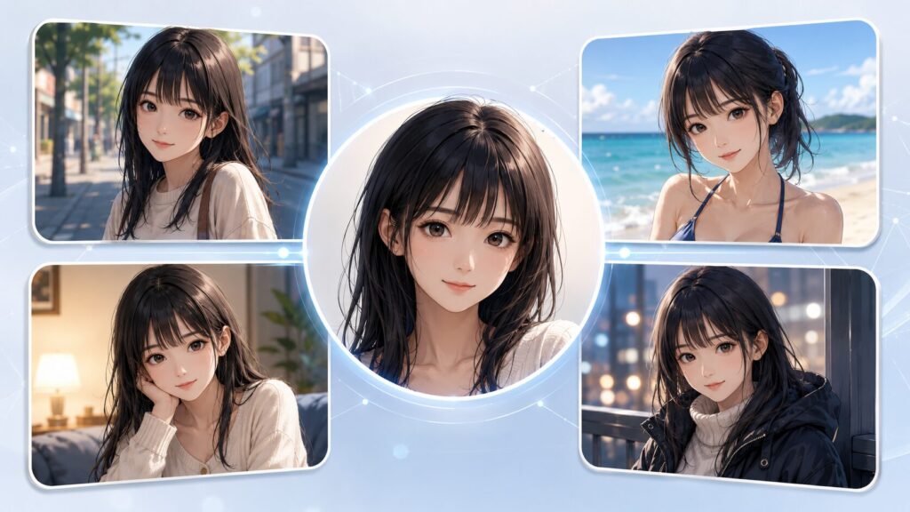 Stable Diffusionの顔固定で同じ人物の顔を保ちながら服装や背景を変えた生成例