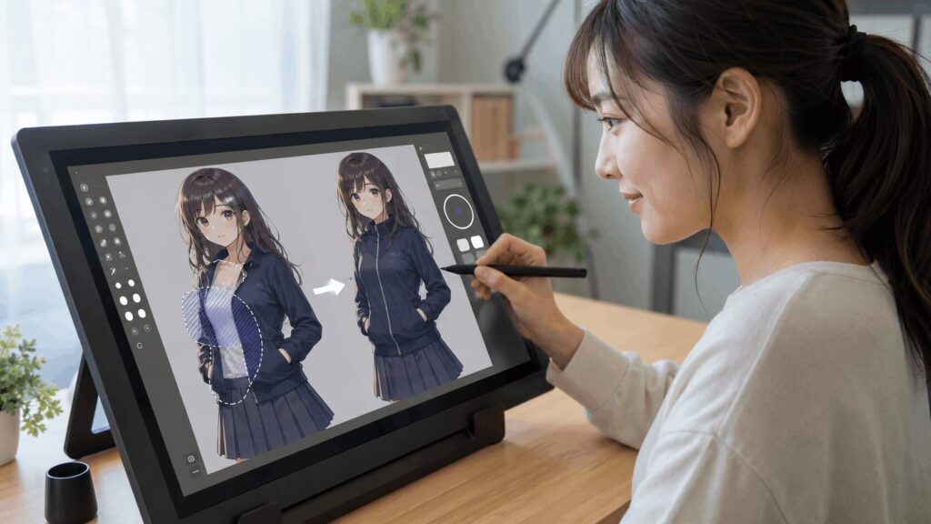 Stable DiffusionのInpaintでキャラクターの服装を修正する作業画面
