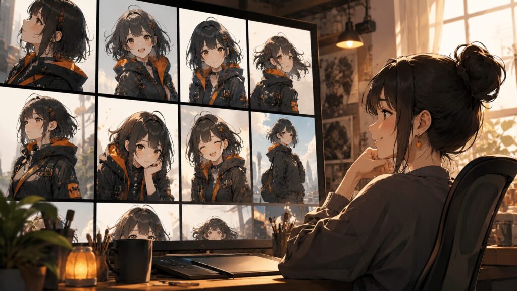 学習したLoRAで同じキャラクターの絵柄を安定させた生成結果の比較