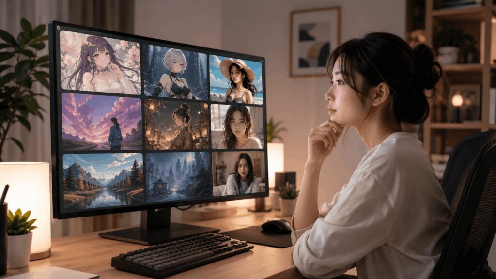Stable DiffusionのNSFWチェックポイントを比較する日本人女性と複数の生成画像スタイル