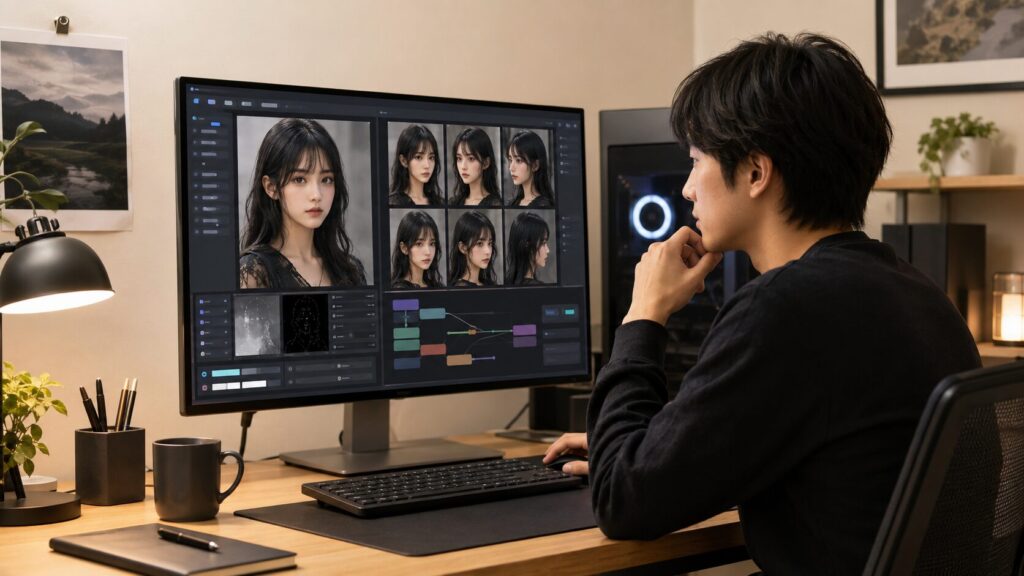 Stable DiffusionでSeed値やPNG Infoを確認しながら顔固定を調整する作業画面