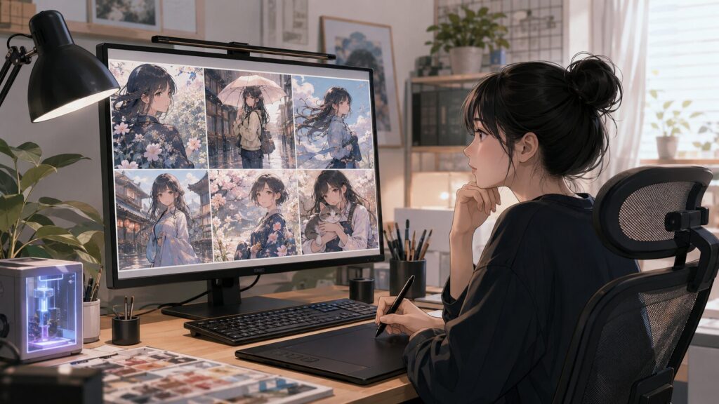 Stable Diffusionの絵柄学習で生成画像の画風を比較する日本人クリエイターの作業風景