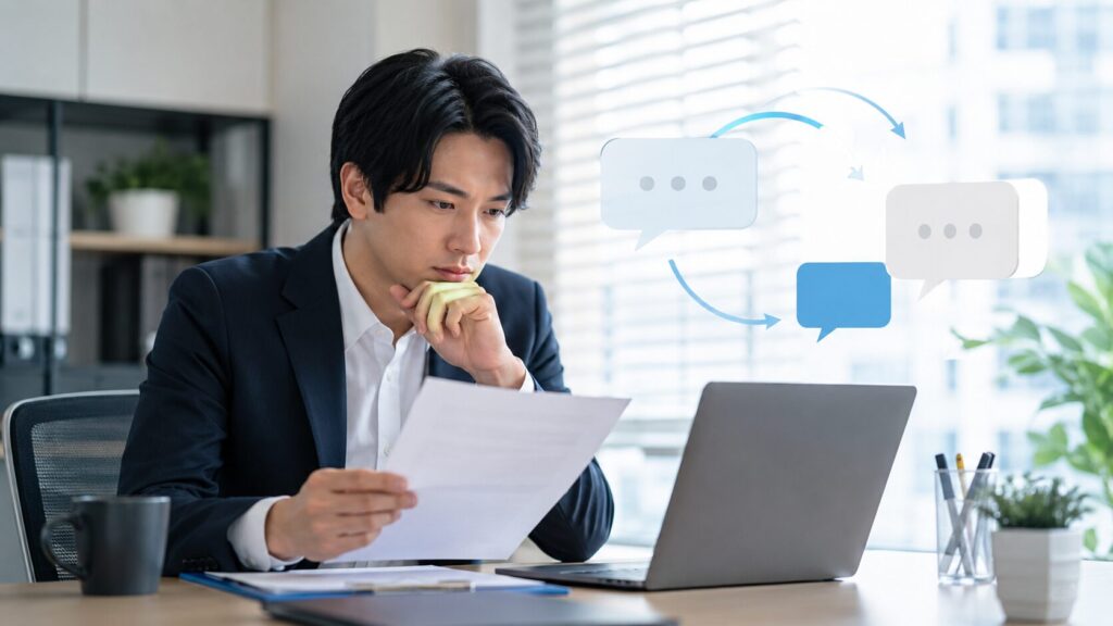 ChatGPTでビジネスメールの翻訳内容を確認する日本人男性