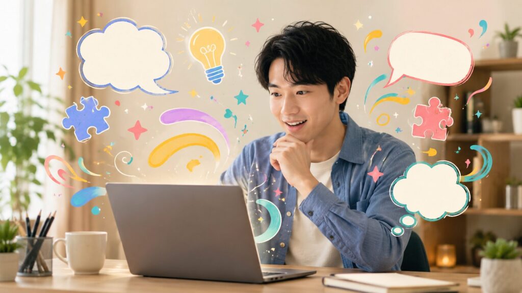 ChatGPTに面白い質問をしてアイデアを広げる日本人男性