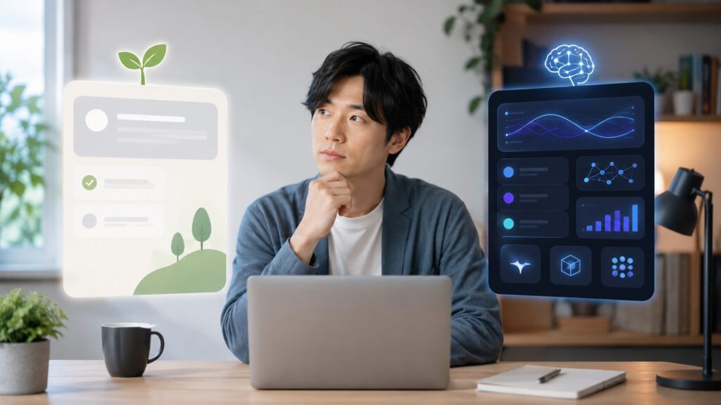 ChatGPT GoとPlusの機能の違いを比較する日本人男性