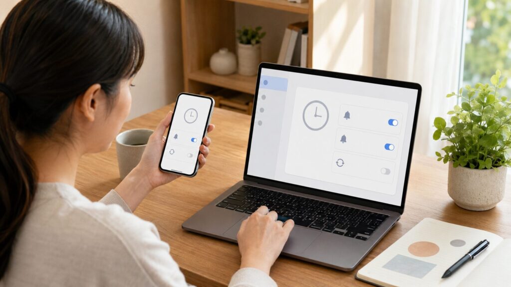 パソコンとスマートフォンでChatGPTのタスク通知を設定する日本人女性