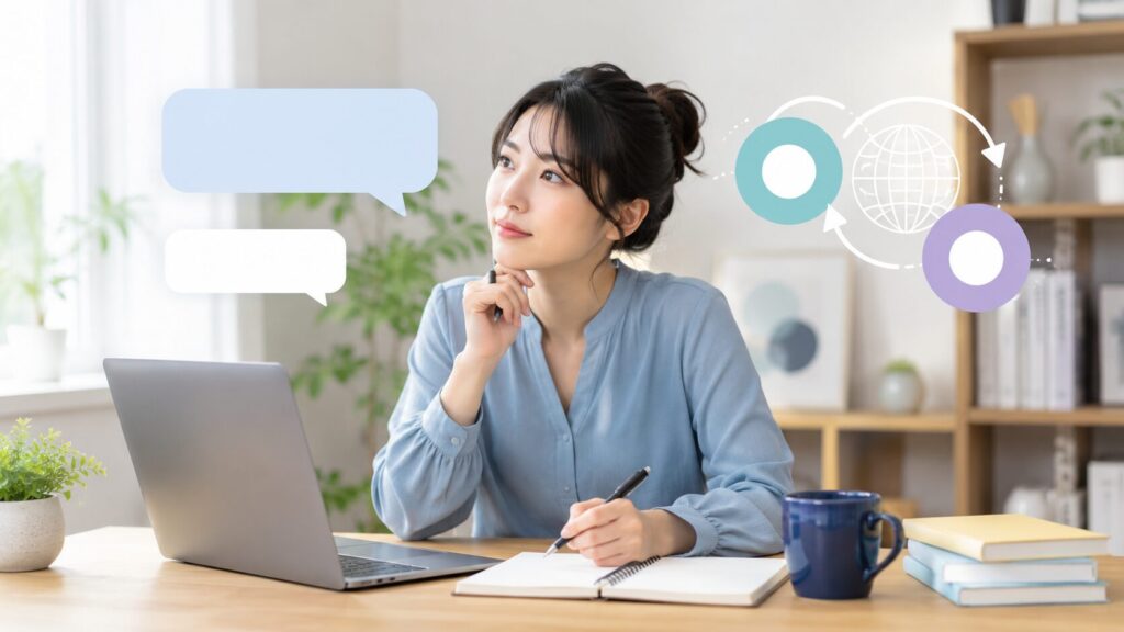 ChatGPT翻訳プロンプトを考えながらノートに整理する日本人女性