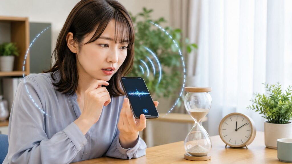 ChatGPTの音声会話制限を確認しながらスマホで話す女性
