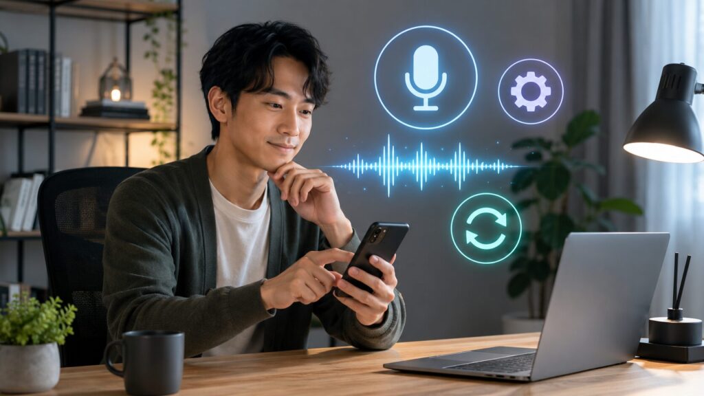 ChatGPTの音声会話が使えない原因を設定画面で確認する男性