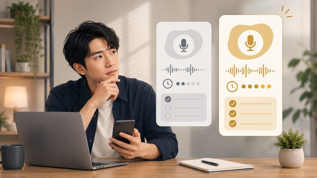 ChatGPTの無料版と有料版の音声会話制限を比較する男性