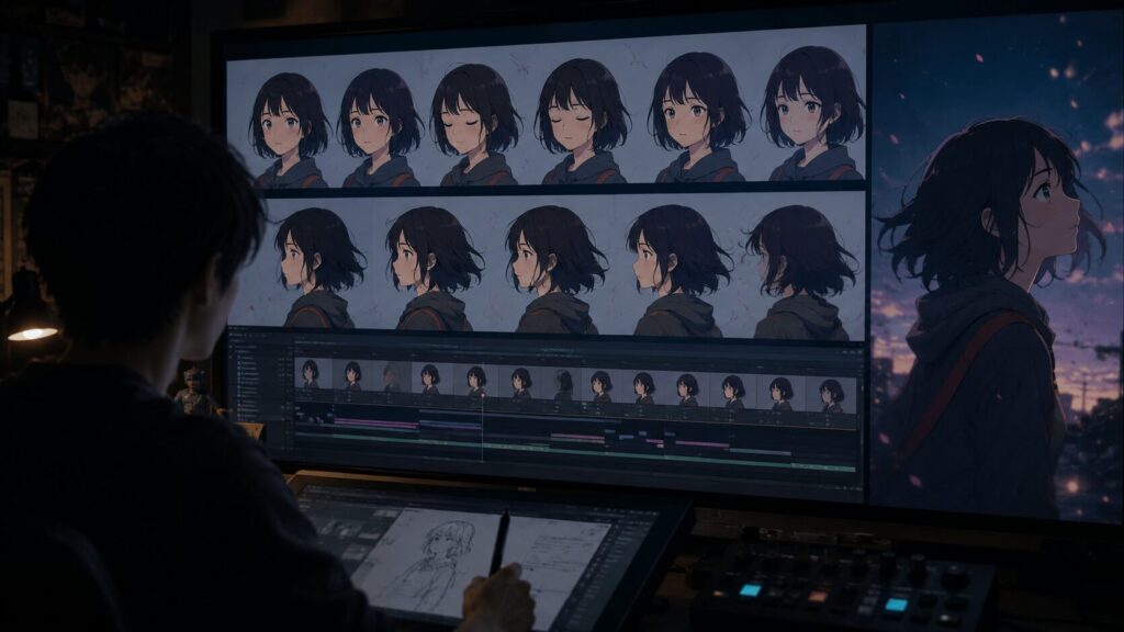 同じアニメキャラの表情や向きを並べた画面を見ながら、画像から動画化する準備を進める制作現場