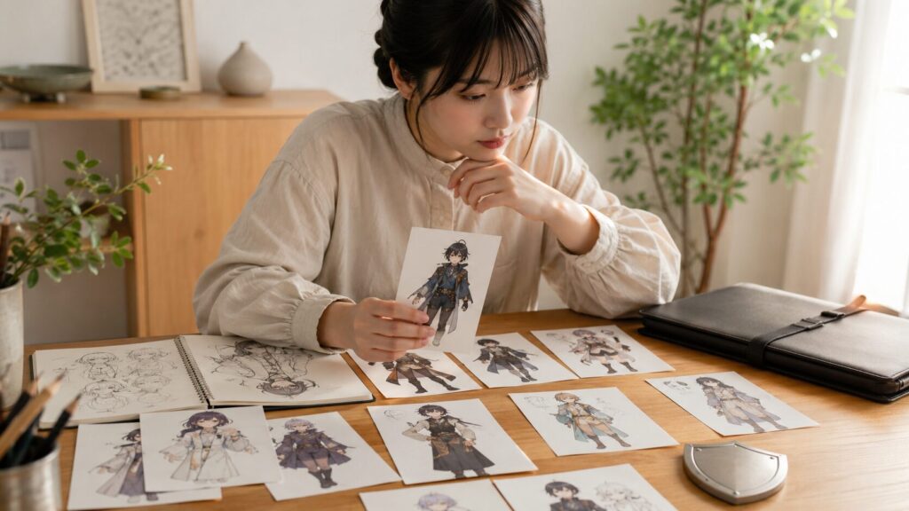 Grokで生成したアニメキャラの商用利用や著作権リスクを確認しながら、オリジナルデザインを選ぶ日本人クリエイター