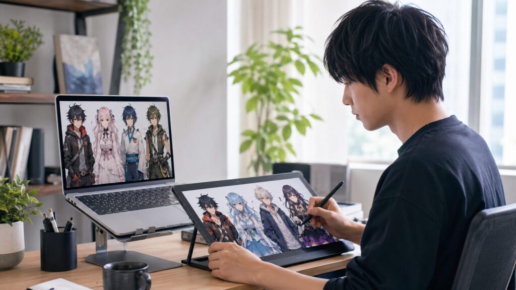 Grokでアニメキャラを作るために、デジタル画面で複数のキャラクター案を確認する日本人クリエイター