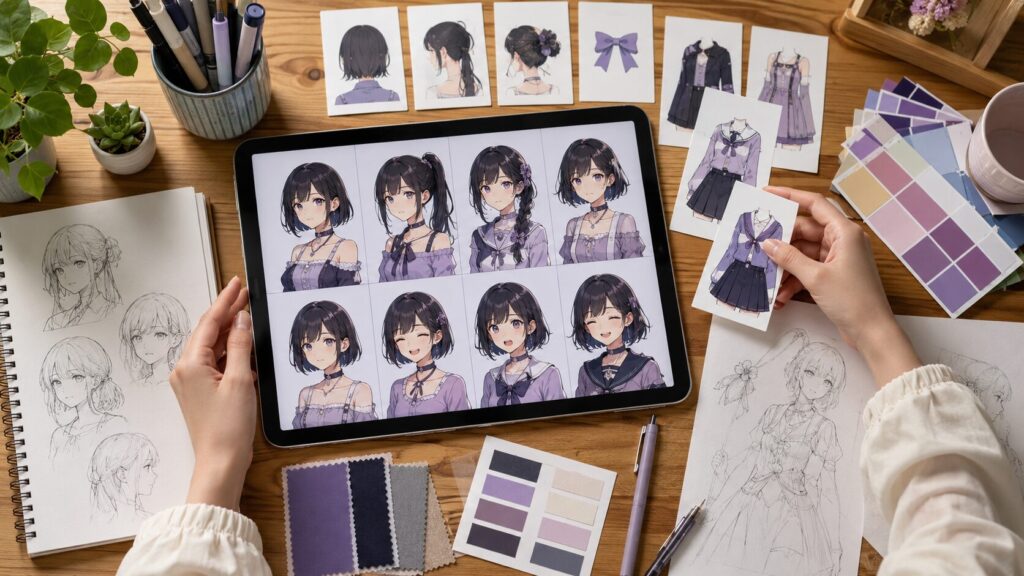 Grokのアニメキャラ生成用プロンプトを考えるため、髪型や衣装の違うキャラクター案を整理する作業風景