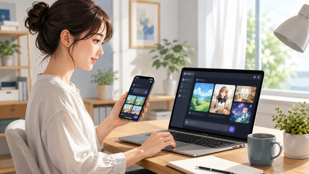 Grokでイラスト生成を始める日本人女性がスマホとPCで生成画像を確認している様子