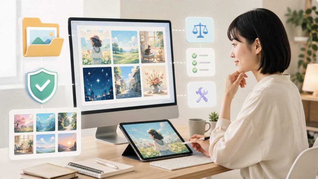 Grokで生成したイラストを保存し権利や利用条件を確認する日本人女性の作業風景