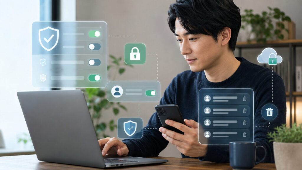 Grokのデータ利用設定や履歴管理を見直す日本人男性の作業風景